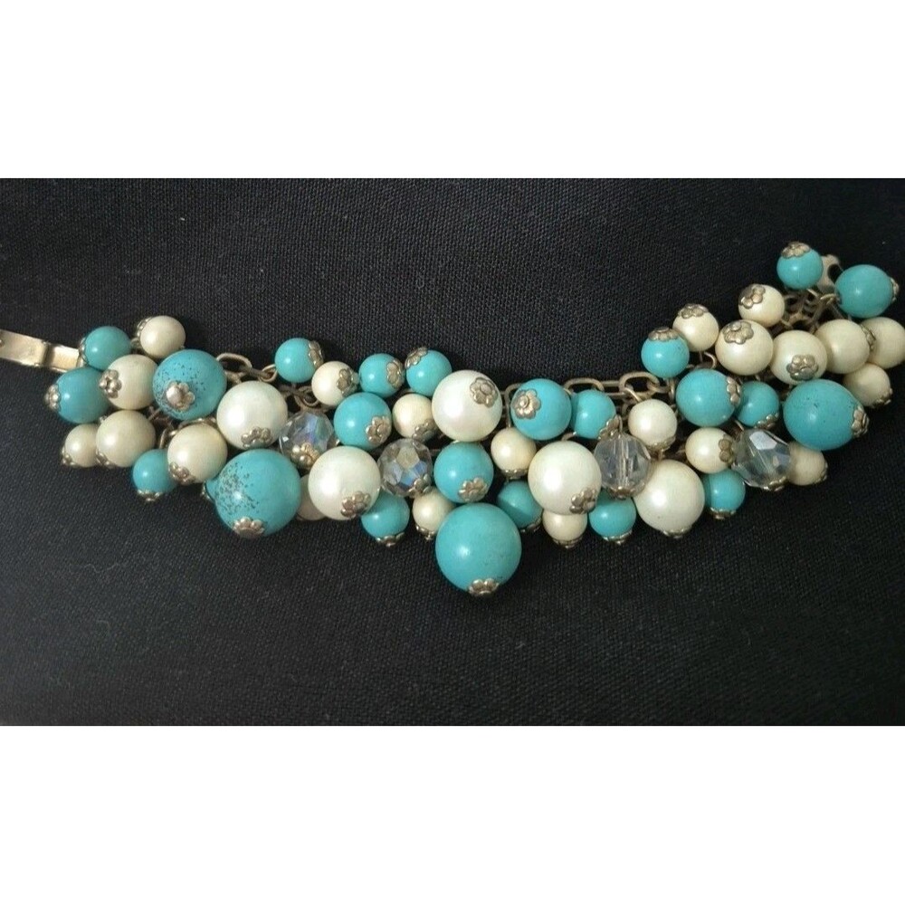 Vintage Aqua Blue Faux Pearl Cha Cha Bracelet 1950's 1960's Jewelry